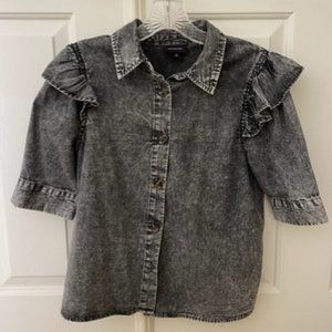 Women's Size S WhoWhatWear Black Denim Ruffle Short Sleeve Button Down Top